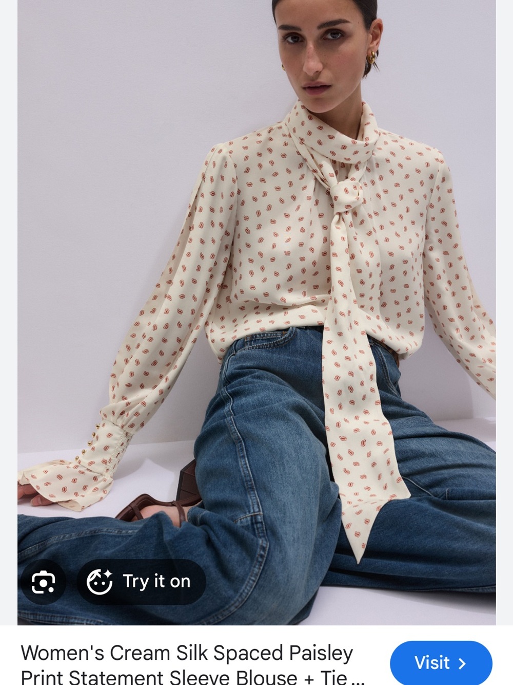 Cream Paisley Tie-Neck Blouse